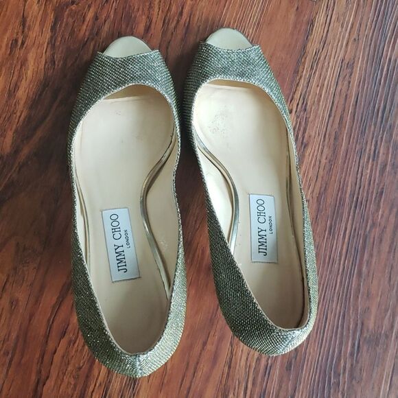 Jimmy Choo Shimmery Gold Mesh Overlay Wedding Party Kitten Heels Size 38 - Picture 8 of 11